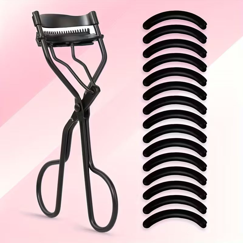 Black eyelash curler with 15 black replacement pads on pink background